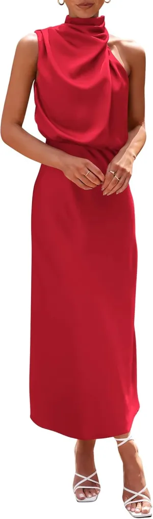 PRETTYGARDEN 2025 Women Summer Satin Dress Elegant Sleeveless Mock Neck Cocktail Party Maxi Dresses