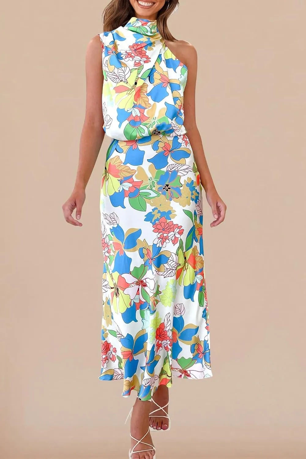 PRETTYGARDEN 2025 Women Summer Satin Dress Elegant Sleeveless Mock Neck Cocktail Party Maxi Dresses