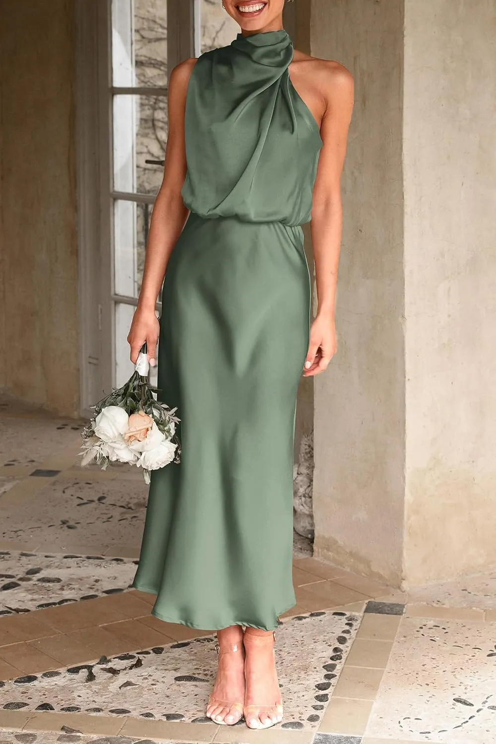 PRETTYGARDEN 2025 Women Summer Satin Dress Elegant Sleeveless Mock Neck Cocktail Party Maxi Dresses