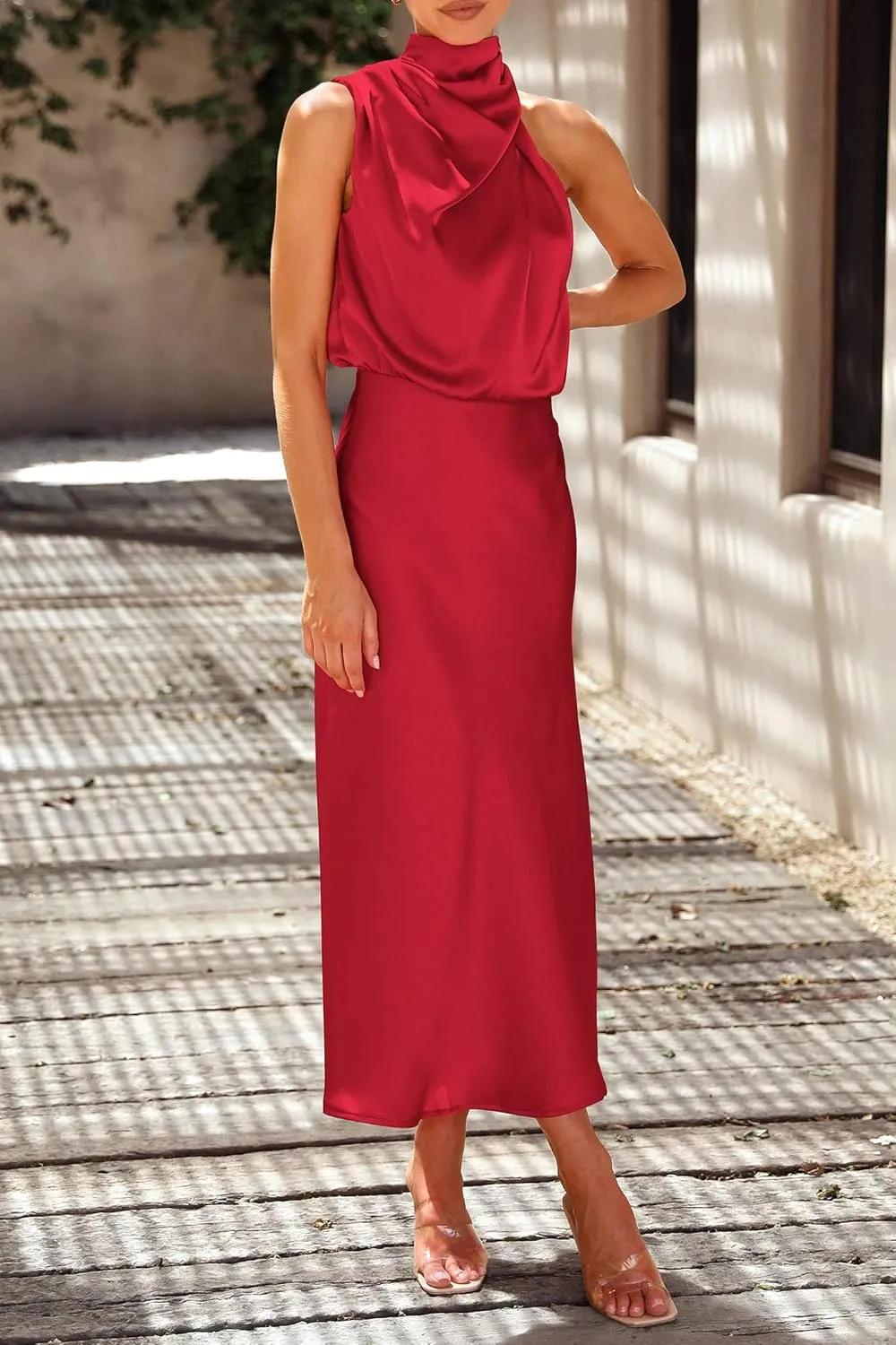 PRETTYGARDEN 2025 Women Summer Satin Dress Elegant Sleeveless Mock Neck Cocktail Party Maxi Dresses