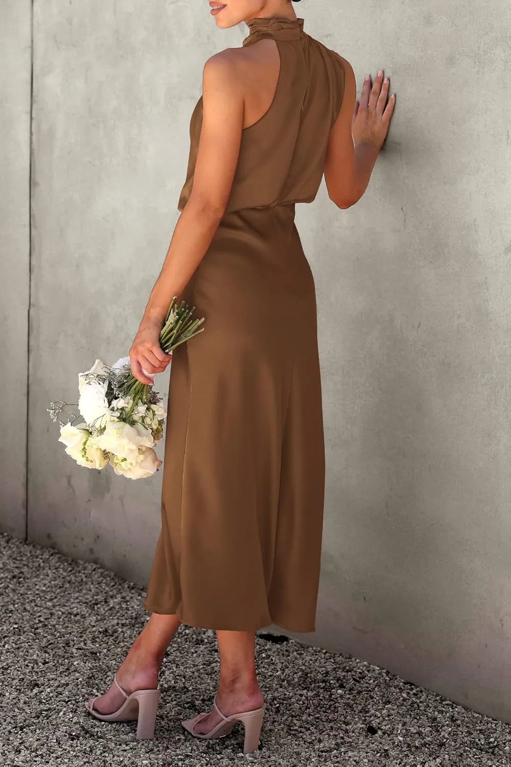 PRETTYGARDEN 2025 Women Summer Satin Dress Elegant Sleeveless Mock Neck Cocktail Party Maxi Dresses