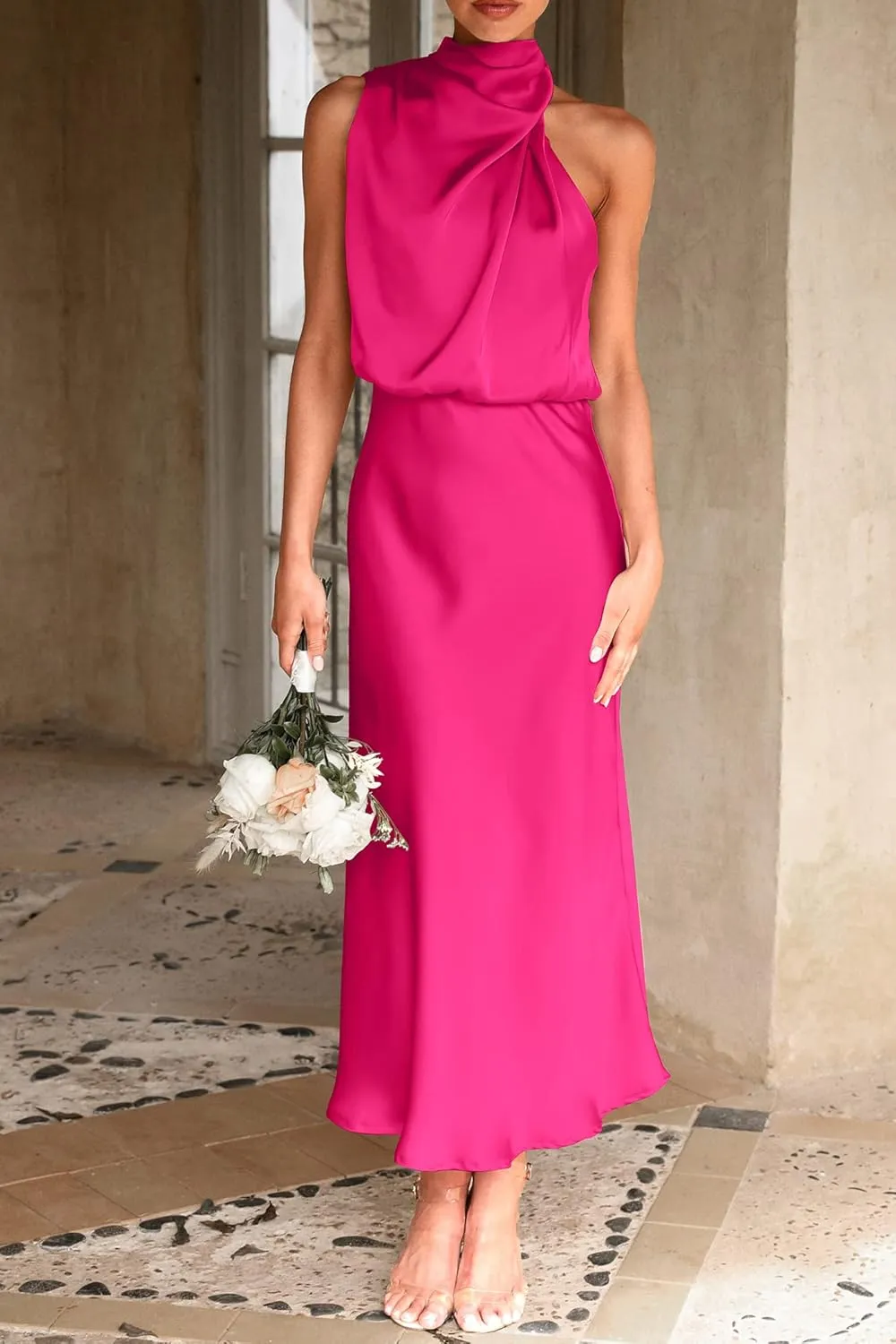 PRETTYGARDEN 2025 Women Summer Satin Dress Elegant Sleeveless Mock Neck Cocktail Party Maxi Dresses