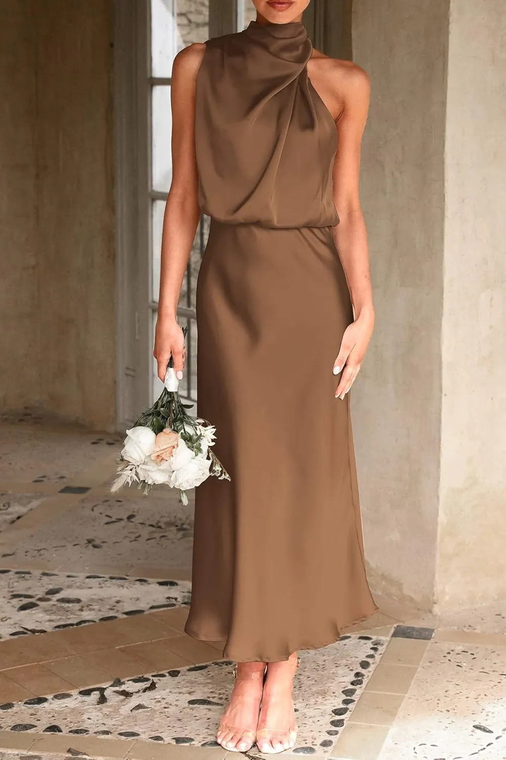 PRETTYGARDEN 2025 Women Summer Satin Dress Elegant Sleeveless Mock Neck Cocktail Party Maxi Dresses