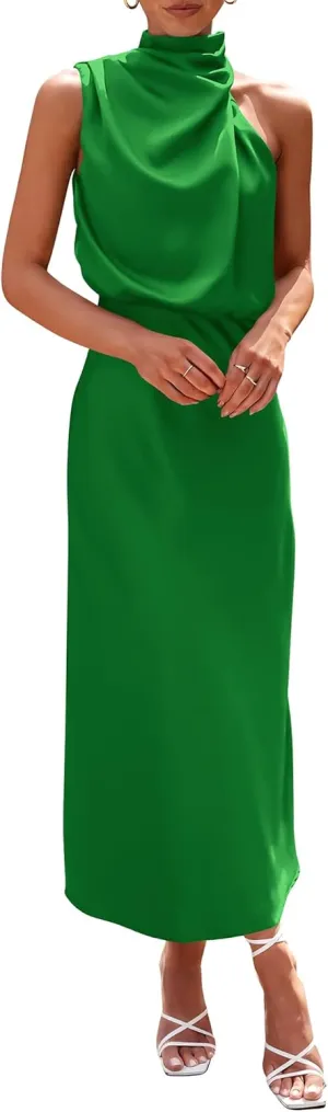 PRETTYGARDEN 2025 Women Summer Satin Dress Elegant Sleeveless Mock Neck Cocktail Party Maxi Dresses