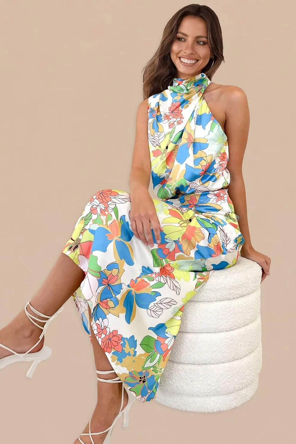 PRETTYGARDEN 2025 Women Summer Satin Dress Elegant Sleeveless Mock Neck Cocktail Party Maxi Dresses