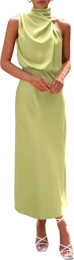 PRETTYGARDEN 2025 Women Summer Satin Dress Elegant Sleeveless Mock Neck Cocktail Party Maxi Dresses