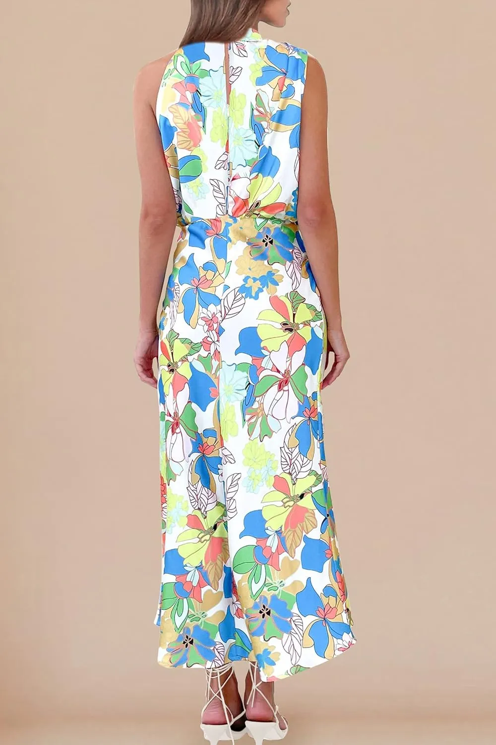 PRETTYGARDEN 2025 Women Summer Satin Dress Elegant Sleeveless Mock Neck Cocktail Party Maxi Dresses