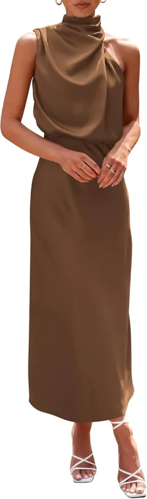 PRETTYGARDEN 2025 Women Summer Satin Dress Elegant Sleeveless Mock Neck Cocktail Party Maxi Dresses