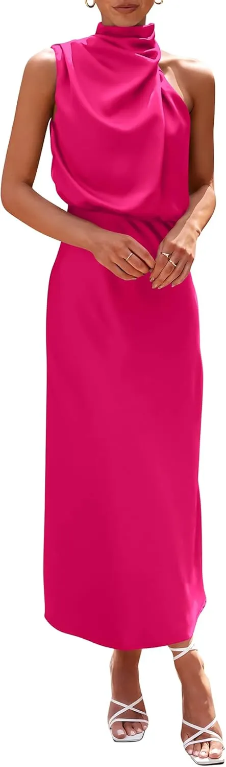 PRETTYGARDEN 2025 Women Summer Satin Dress Elegant Sleeveless Mock Neck Cocktail Party Maxi Dresses