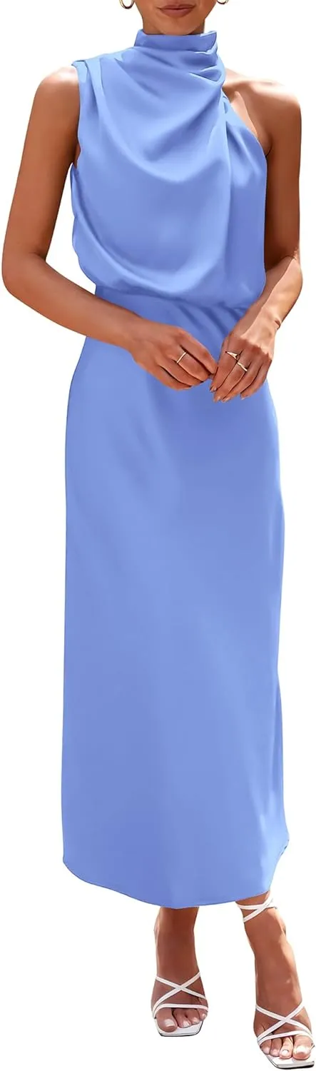 PRETTYGARDEN Women's 2025 Summer Satin Dress Elegant Sleeveless Mock Neck Cocktail Party Maxi Dresses