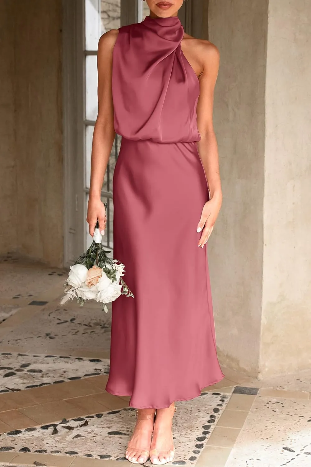 PRETTYGARDEN Women's 2025 Summer Satin Dress Elegant Sleeveless Mock Neck Cocktail Party Maxi Dresses