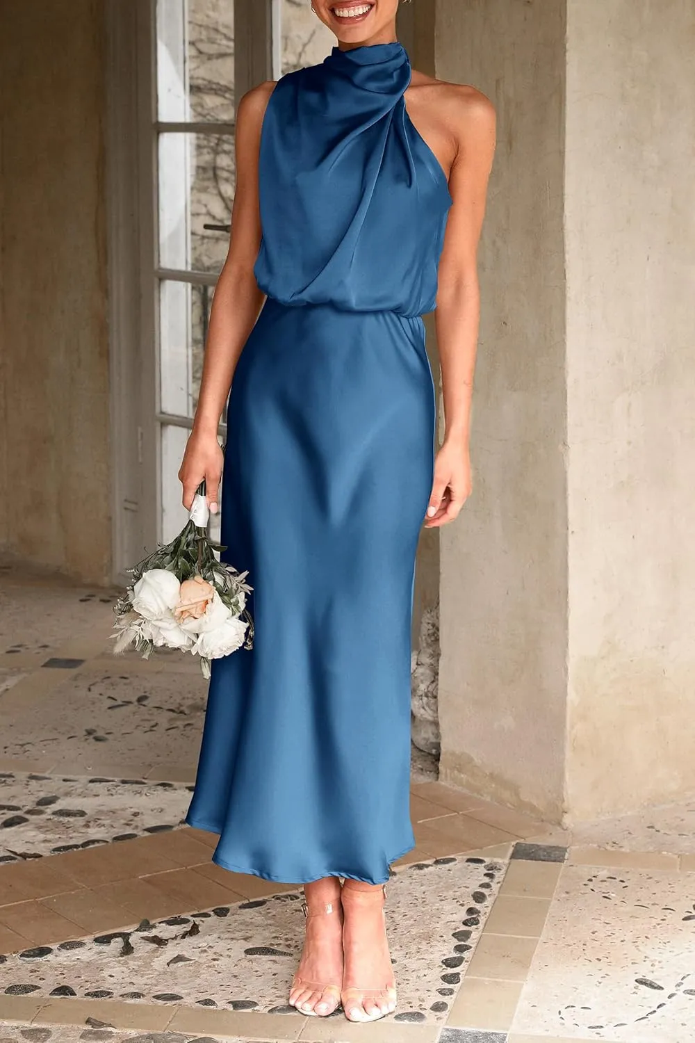 PRETTYGARDEN Women's 2025 Summer Satin Dress Elegant Sleeveless Mock Neck Cocktail Party Maxi Dresses