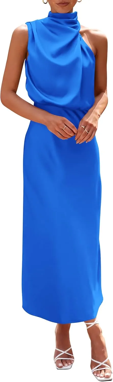 PRETTYGARDEN Women's 2025 Summer Satin Dress Elegant Sleeveless Mock Neck Cocktail Party Maxi Dresses