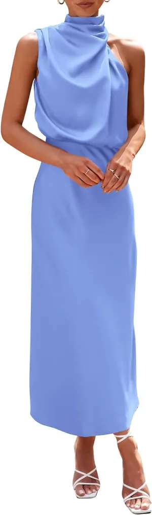 PRETTYGARDEN Women's 2025 Summer Satin Dress Elegant Sleeveless Mock Neck Cocktail Party Maxi Dresses
