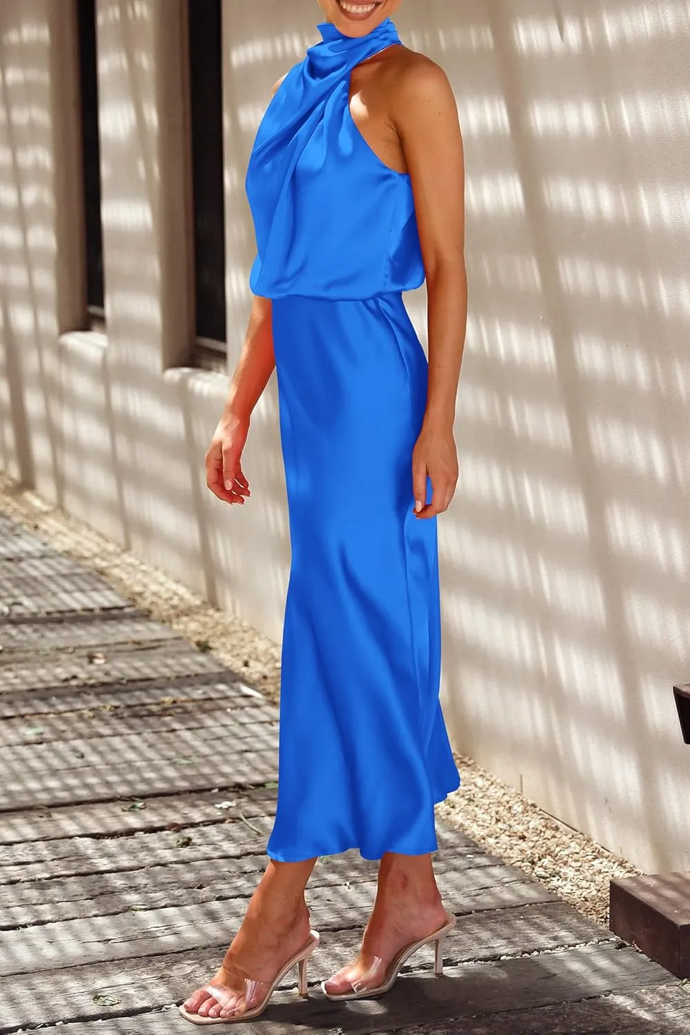 PRETTYGARDEN Women's 2025 Summer Satin Dress Elegant Sleeveless Mock Neck Cocktail Party Maxi Dresses