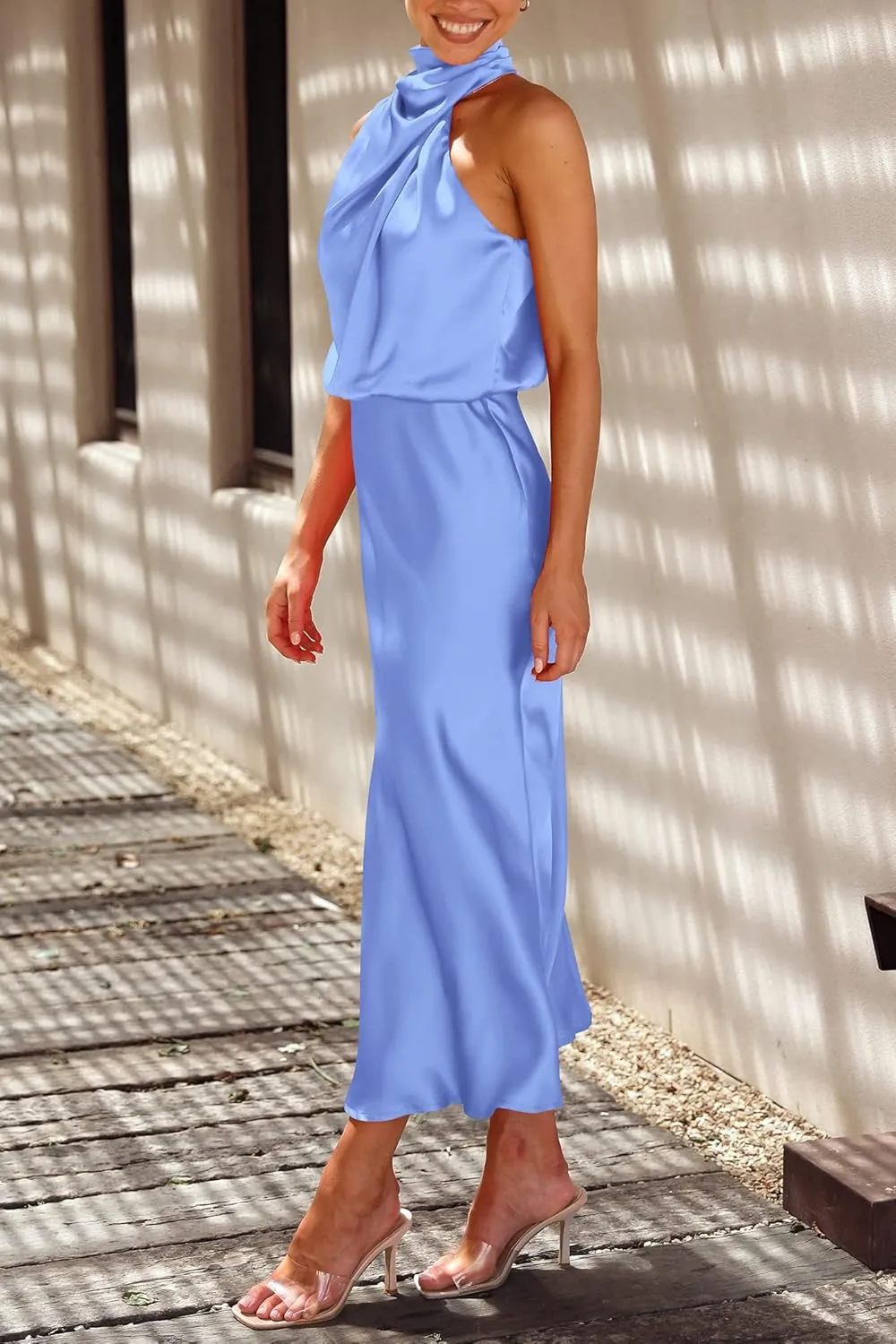 PRETTYGARDEN Women's 2025 Summer Satin Dress Elegant Sleeveless Mock Neck Cocktail Party Maxi Dresses