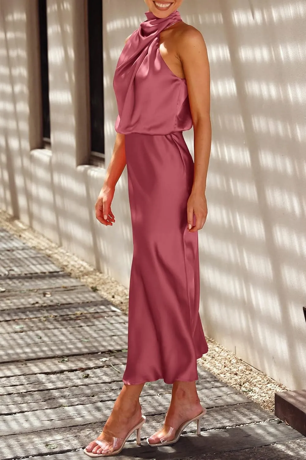 PRETTYGARDEN Women's 2025 Summer Satin Dress Elegant Sleeveless Mock Neck Cocktail Party Maxi Dresses