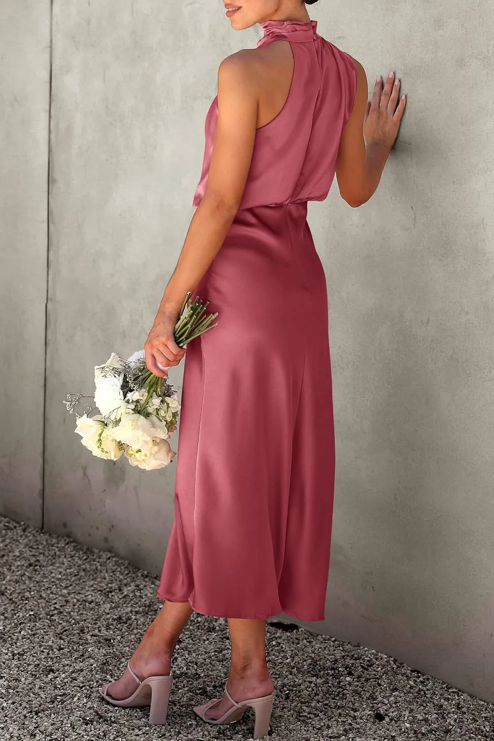 PRETTYGARDEN Women's 2025 Summer Satin Dress Elegant Sleeveless Mock Neck Cocktail Party Maxi Dresses