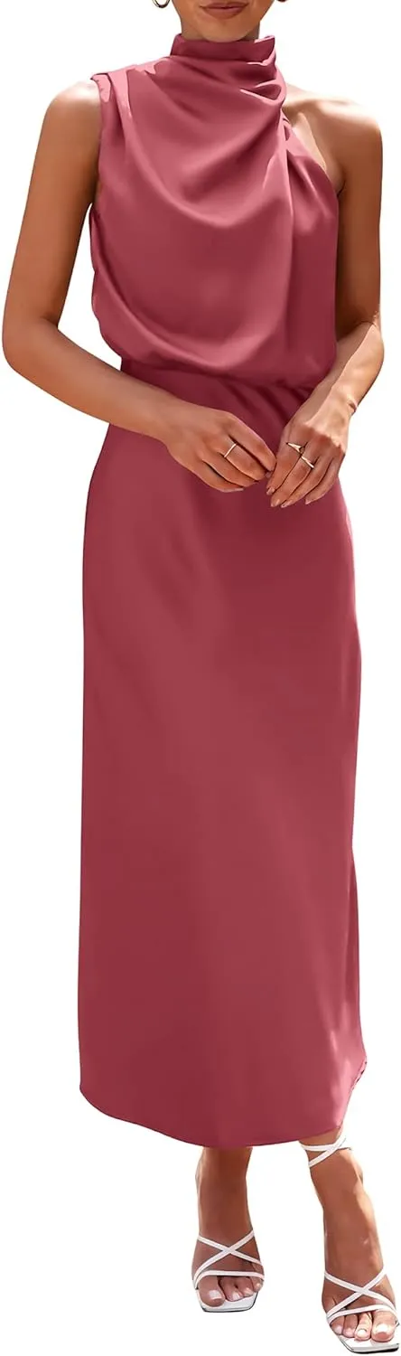 PRETTYGARDEN Women's 2025 Summer Satin Dress Elegant Sleeveless Mock Neck Cocktail Party Maxi Dresses
