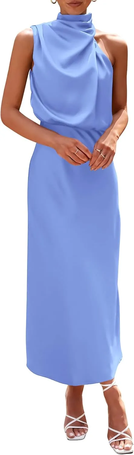 PRETTYGARDEN Women's 2025 Summer Satin Dress Elegant Sleeveless Mock Neck Cocktail Party Maxi Dresses