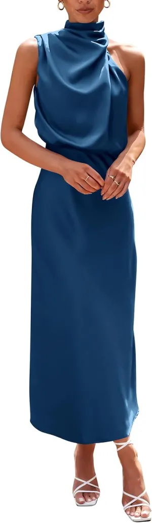 PRETTYGARDEN Women's 2025 Summer Satin Dress Elegant Sleeveless Mock Neck Cocktail Party Maxi Dresses