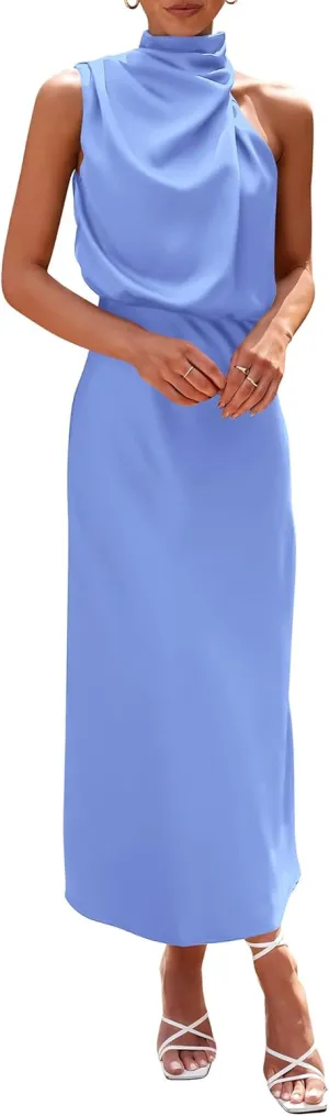 PRETTYGARDEN Women's 2025 Summer Satin Dress Elegant Sleeveless Mock Neck Cocktail Party Maxi Dresses