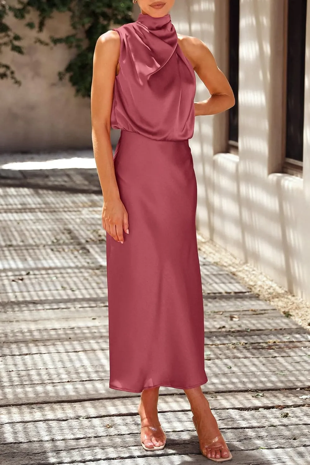 PRETTYGARDEN Women's 2025 Summer Satin Dress Elegant Sleeveless Mock Neck Cocktail Party Maxi Dresses