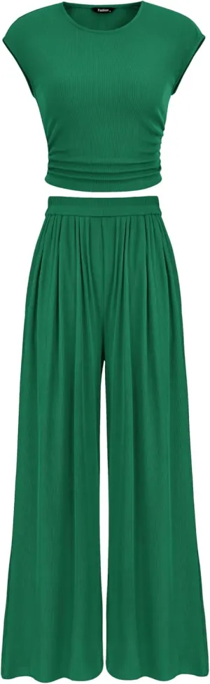 PRETTYGARDEN Women's Summer 2 Piece Outfits 2025 Cap Sleeve Ruched Slim T Shirt Ribbed Knit Wide Leg Pant Sets Tracksuit