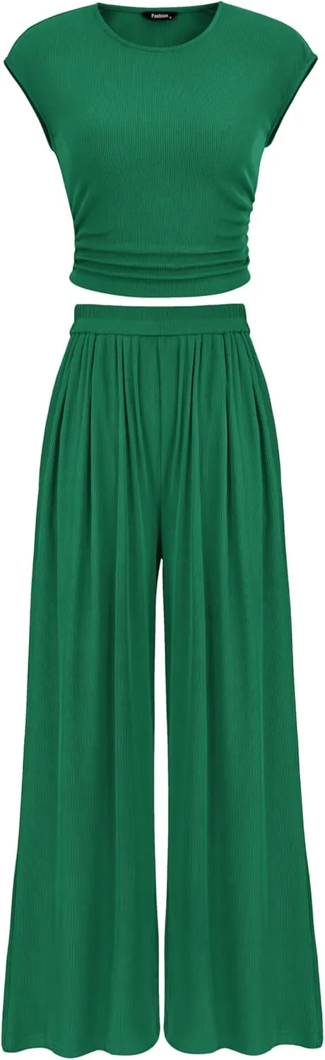 PRETTYGARDEN Women's Summer 2 Piece Outfits 2025 Cap Sleeve Ruched Slim T Shirt Ribbed Knit Wide Leg Pant Sets Tracksuit