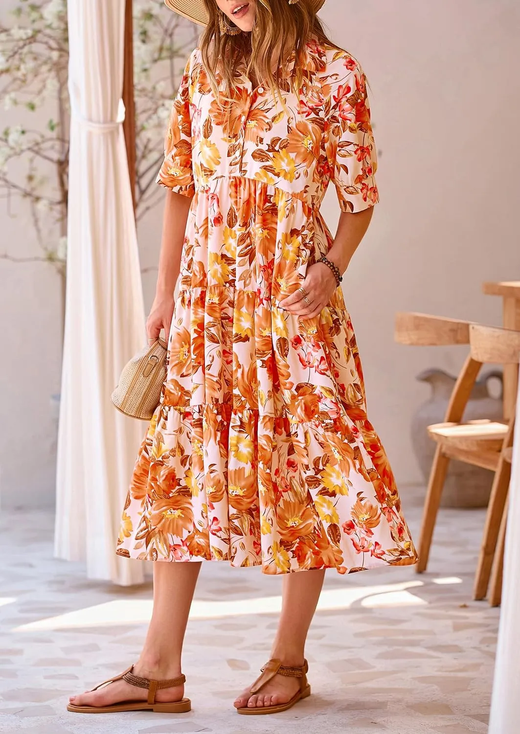PRETTYGARDEN Women's Summer Beach Maxi Dress Short Sleeve Buttons Tiered Ruffle A Line Swing Dresses