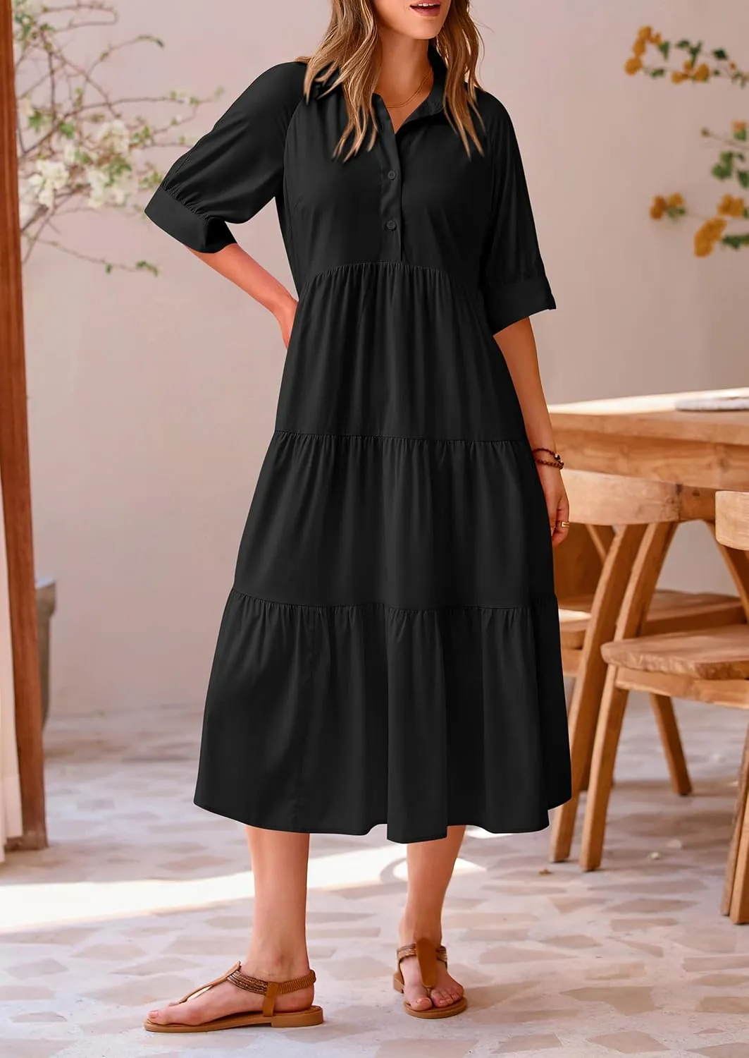 PRETTYGARDEN Women's Summer Beach Maxi Dress Short Sleeve Buttons Tiered Ruffle A Line Swing Dresses