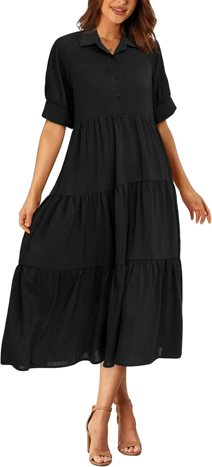 PRETTYGARDEN Women's Summer Beach Maxi Dress Short Sleeve Buttons Tiered Ruffle A Line Swing Dresses