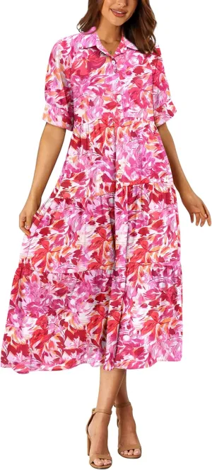 PRETTYGARDEN Women's Summer Beach Maxi Dress Short Sleeve Buttons Tiered Ruffle A Line Swing Dresses