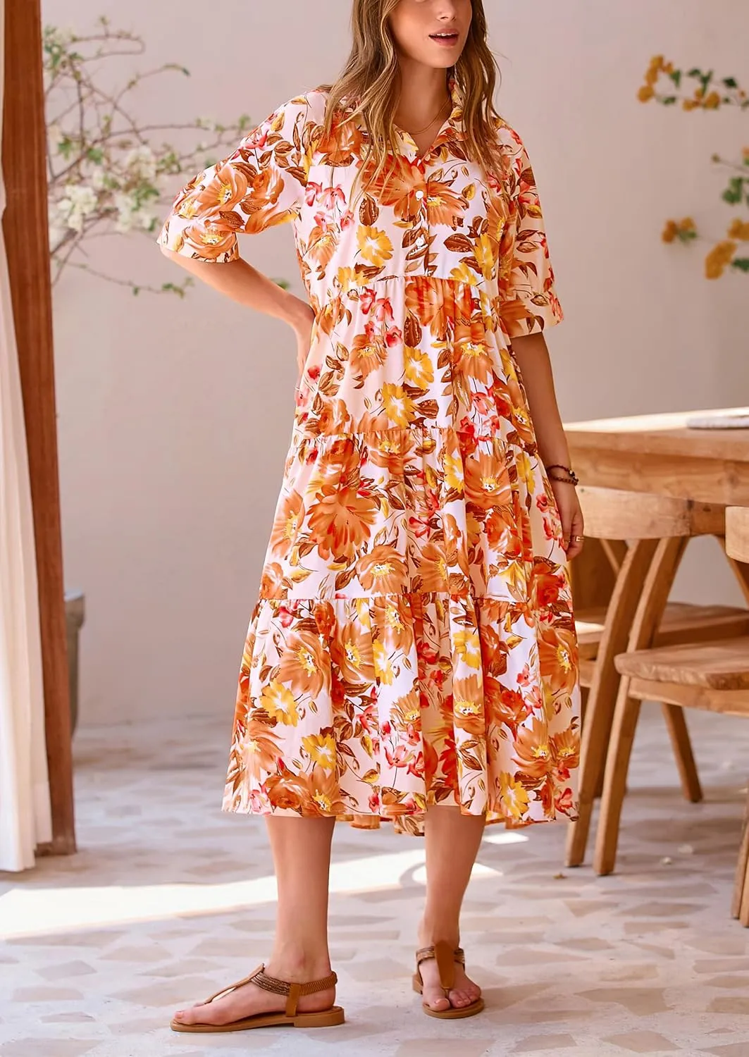 PRETTYGARDEN Women's Summer Beach Maxi Dress Short Sleeve Buttons Tiered Ruffle A Line Swing Dresses