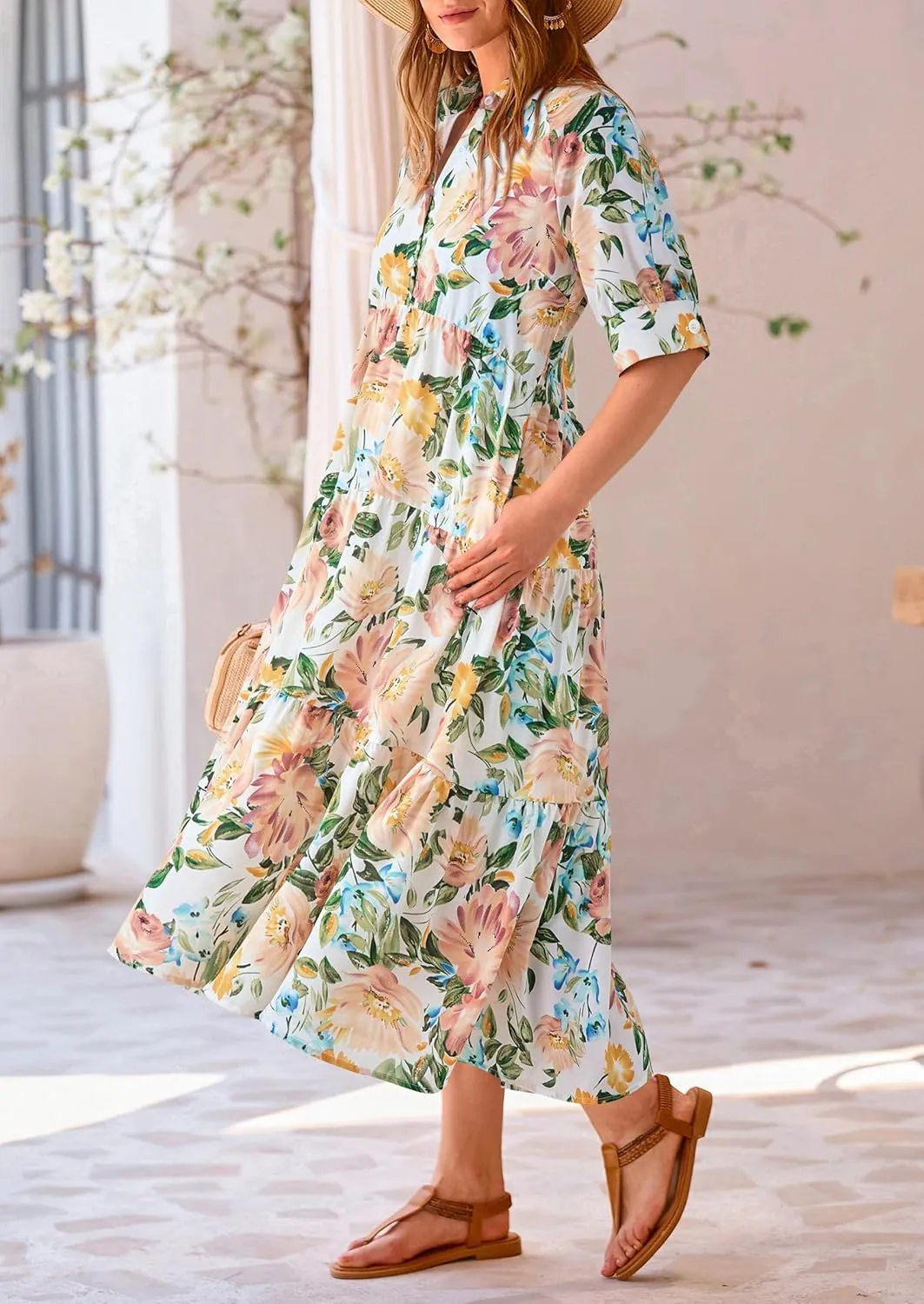 PRETTYGARDEN Women's Summer Beach Maxi Dress Short Sleeve Buttons Tiered Ruffle A Line Swing Dresses
