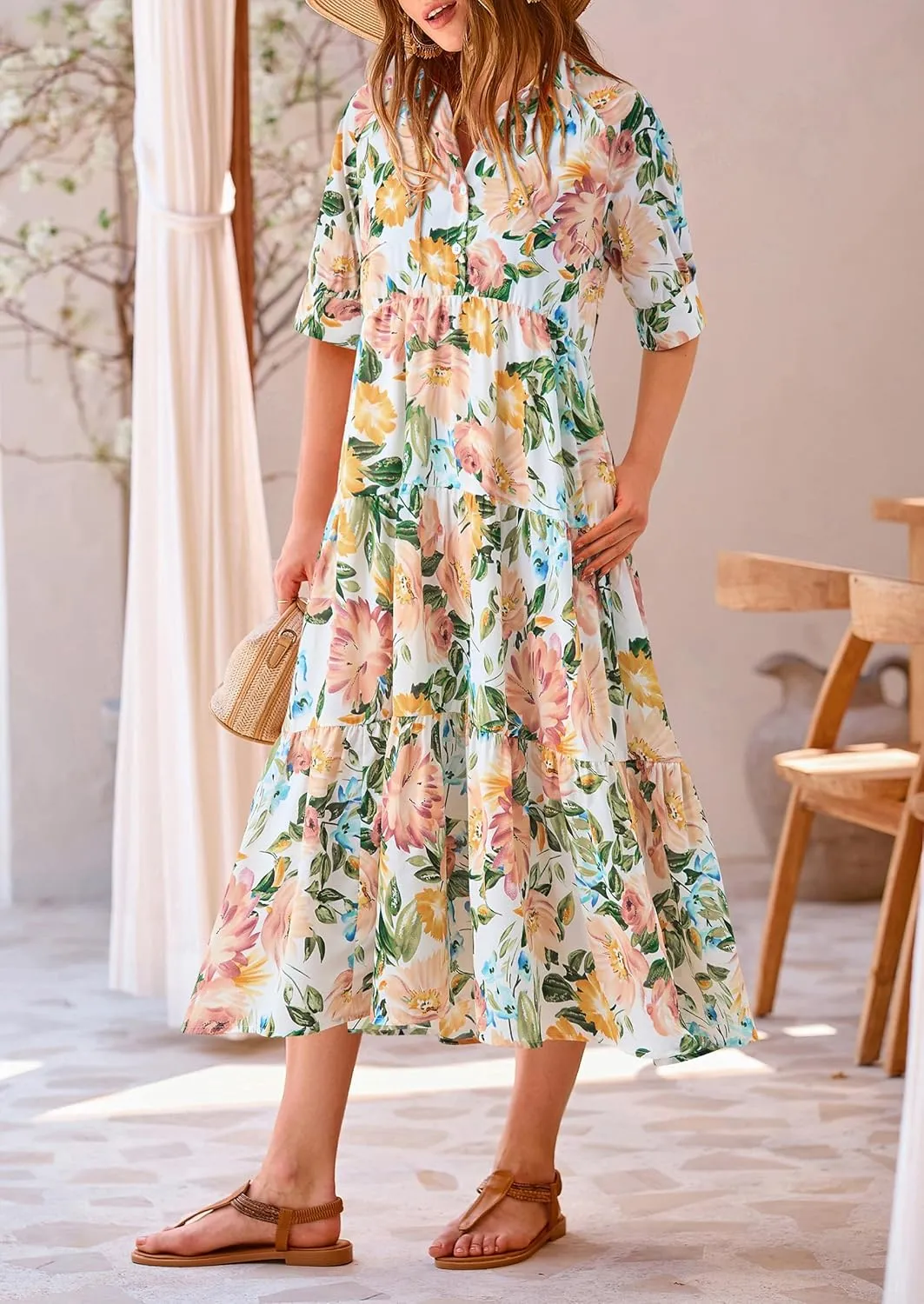 PRETTYGARDEN Women's Summer Beach Maxi Dress Short Sleeve Buttons Tiered Ruffle A Line Swing Dresses