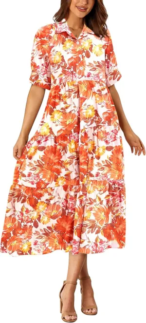 PRETTYGARDEN Women's Summer Beach Maxi Dress Short Sleeve Buttons Tiered Ruffle A Line Swing Dresses