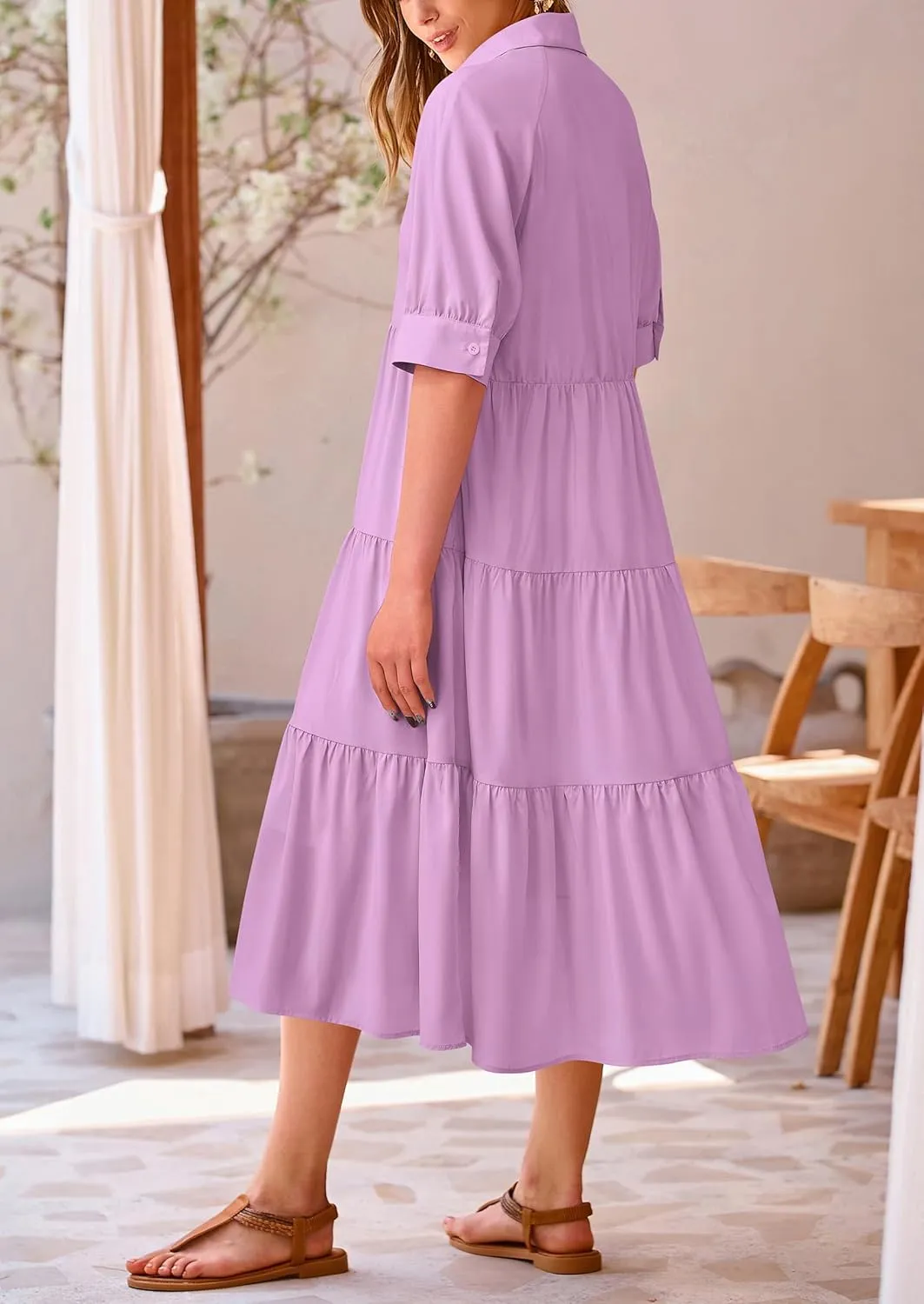 PRETTYGARDEN Women's Summer Beach Maxi Dress Short Sleeve Buttons Tiered Ruffle A Line Swing Dresses