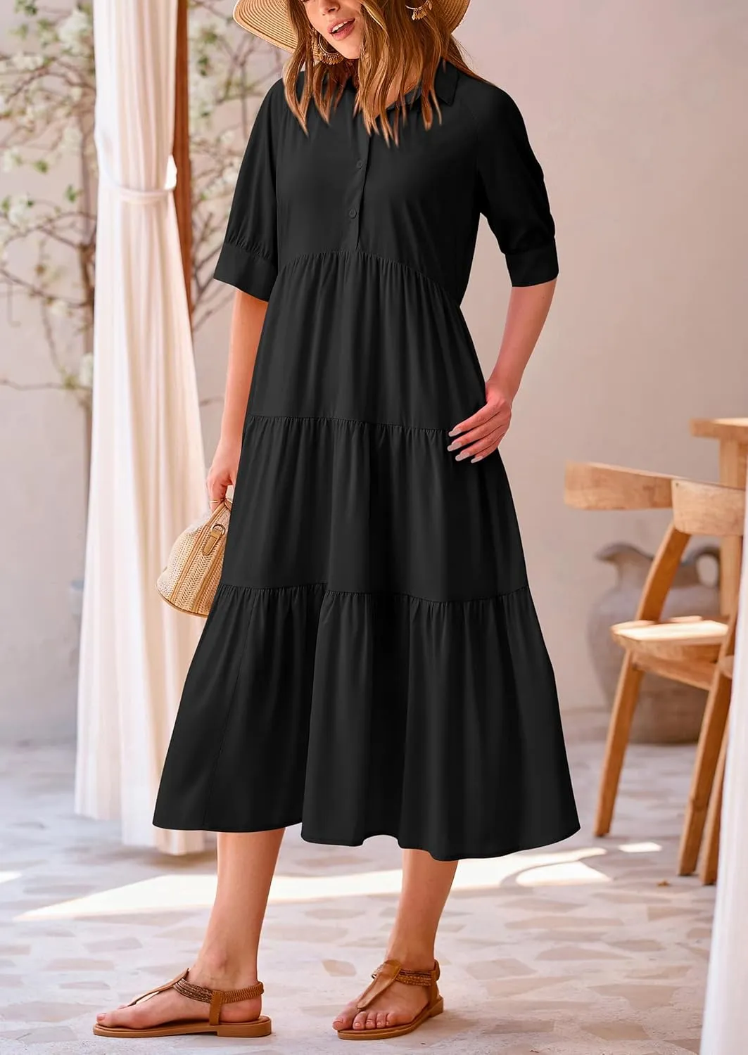 PRETTYGARDEN Women's Summer Beach Maxi Dress Short Sleeve Buttons Tiered Ruffle A Line Swing Dresses