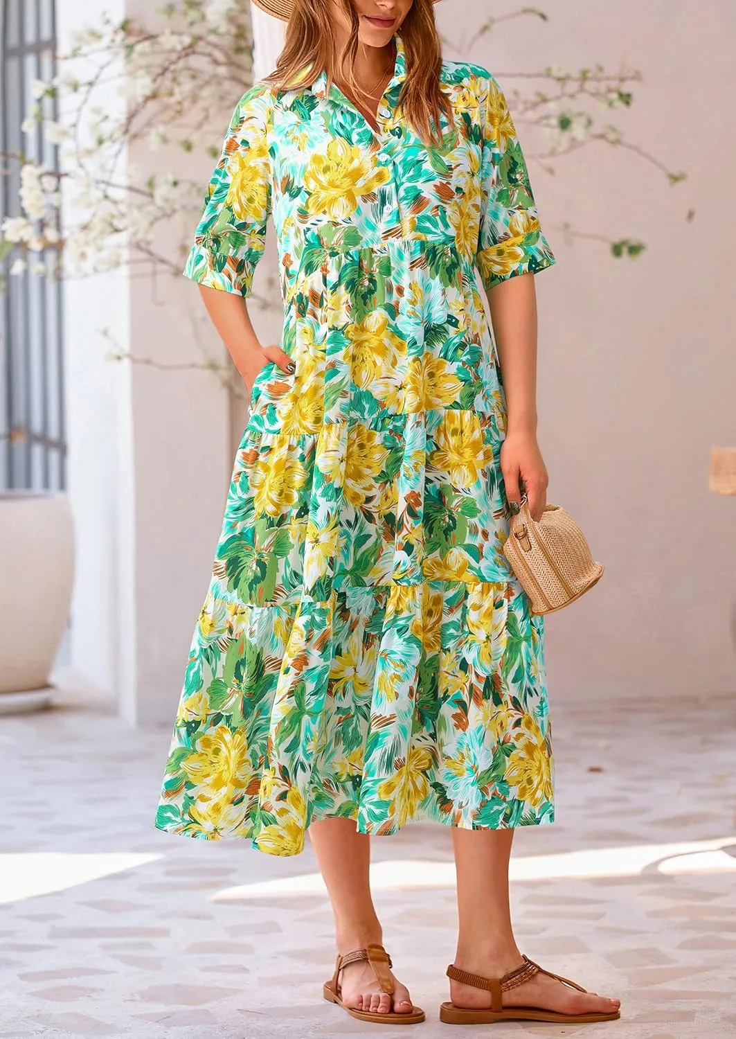 PRETTYGARDEN Women's Summer Beach Maxi Dress Short Sleeve Buttons Tiered Ruffle A Line Swing Dresses