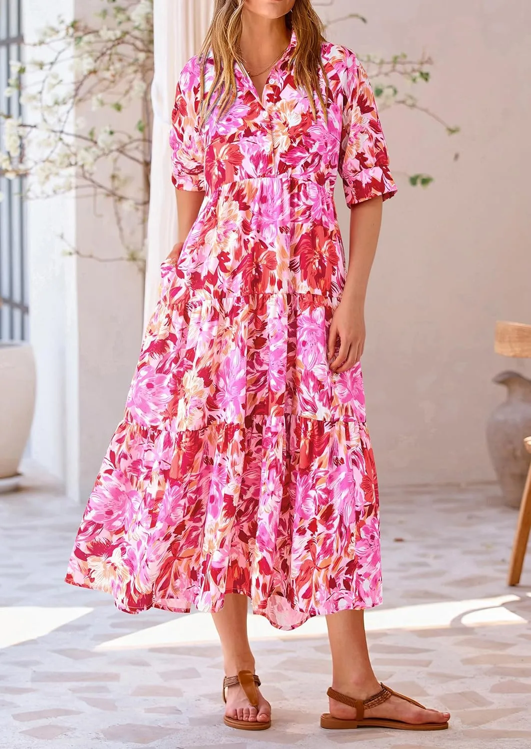 PRETTYGARDEN Women's Summer Beach Maxi Dress Short Sleeve Buttons Tiered Ruffle A Line Swing Dresses