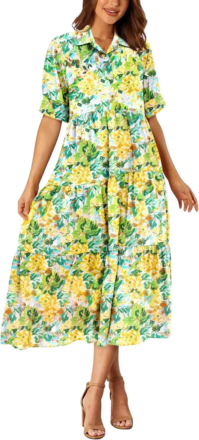 PRETTYGARDEN Women's Summer Beach Maxi Dress Short Sleeve Buttons Tiered Ruffle A Line Swing Dresses