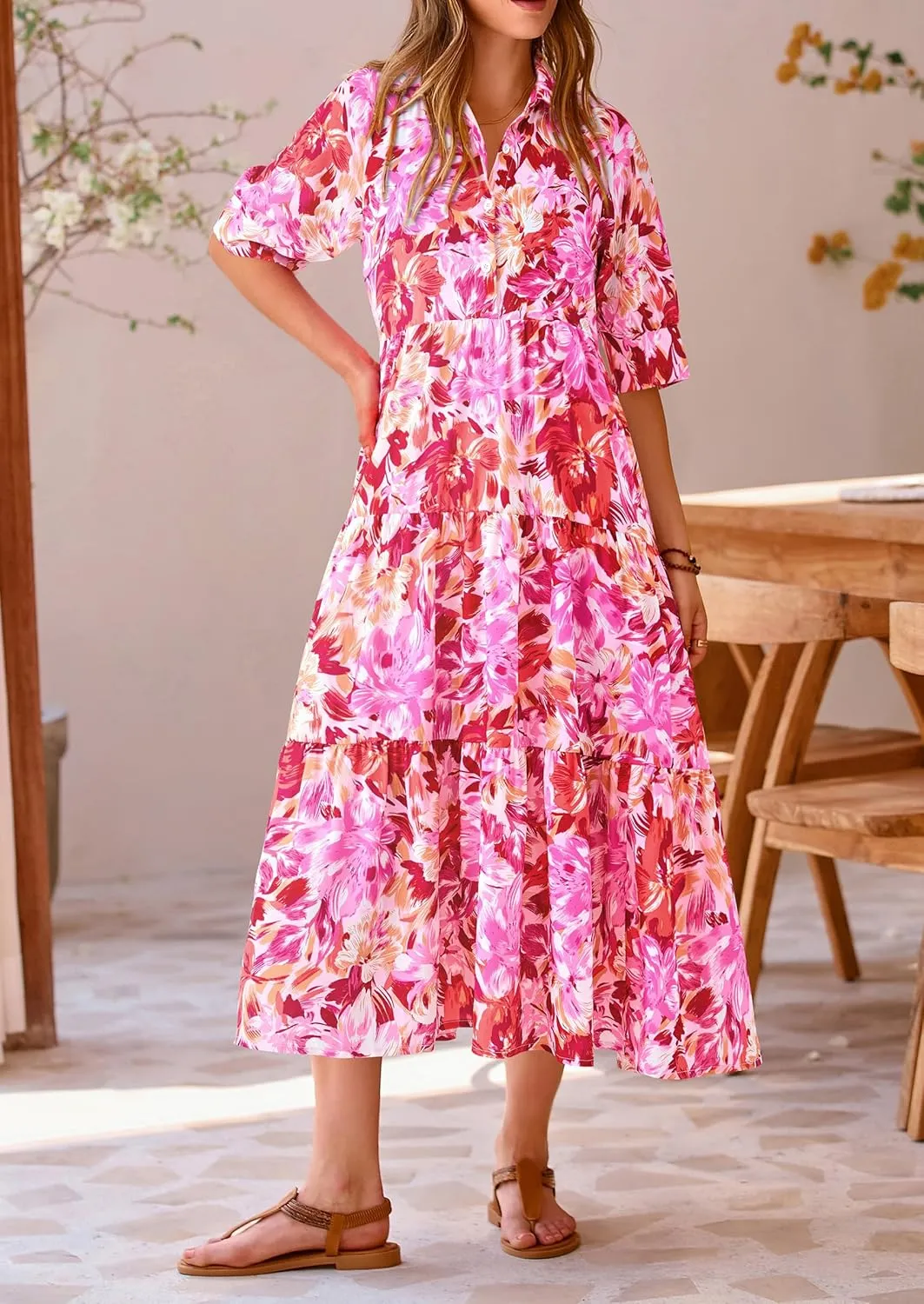 PRETTYGARDEN Women's Summer Beach Maxi Dress Short Sleeve Buttons Tiered Ruffle A Line Swing Dresses