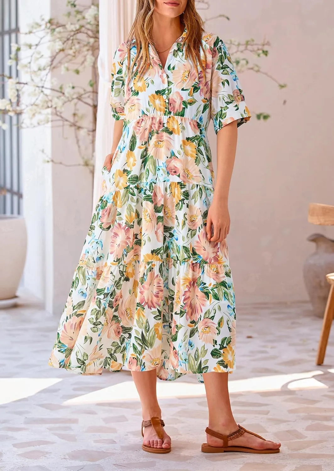 PRETTYGARDEN Women's Summer Beach Maxi Dress Short Sleeve Buttons Tiered Ruffle A Line Swing Dresses