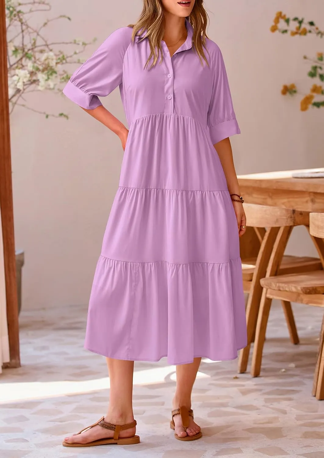 PRETTYGARDEN Women's Summer Beach Maxi Dress Short Sleeve Buttons Tiered Ruffle A Line Swing Dresses