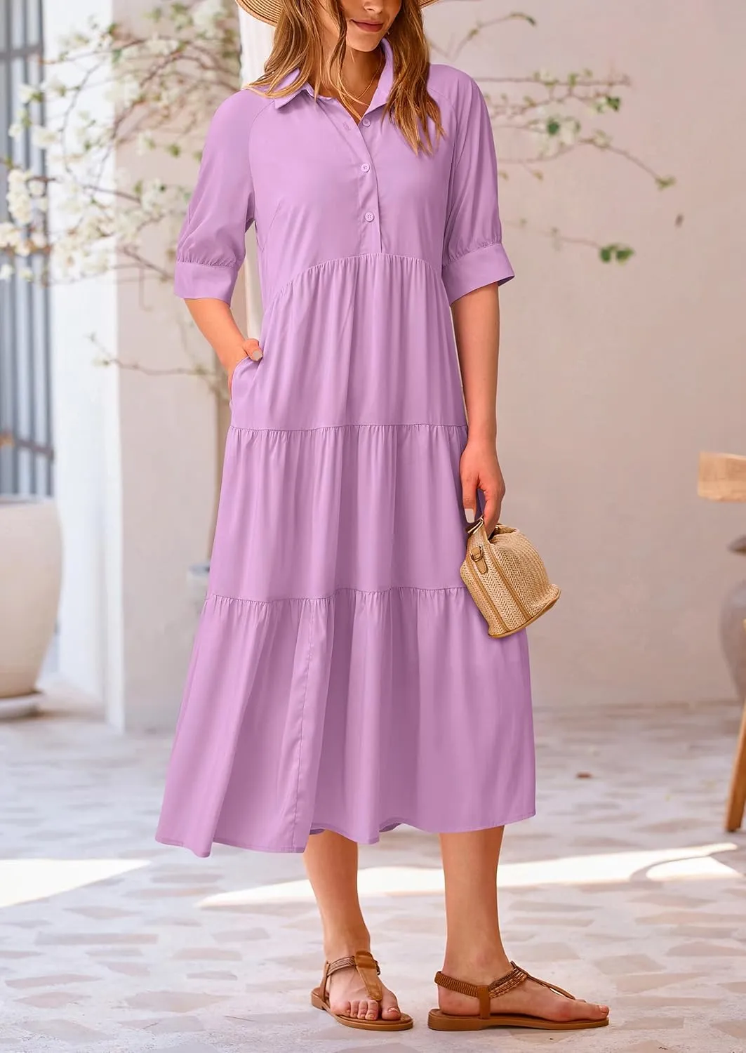 PRETTYGARDEN Women's Summer Beach Maxi Dress Short Sleeve Buttons Tiered Ruffle A Line Swing Dresses