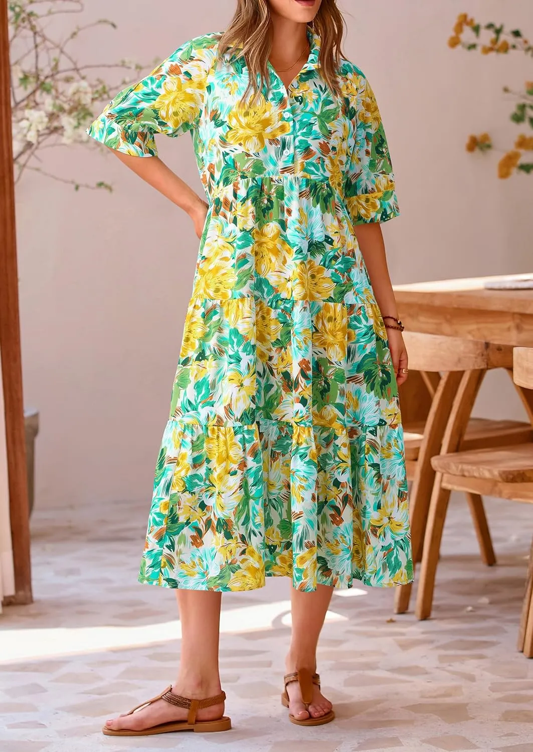 PRETTYGARDEN Women's Summer Beach Maxi Dress Short Sleeve Buttons Tiered Ruffle A Line Swing Dresses