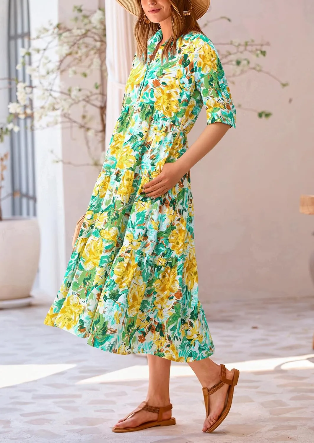 PRETTYGARDEN Women's Summer Beach Maxi Dress Short Sleeve Buttons Tiered Ruffle A Line Swing Dresses