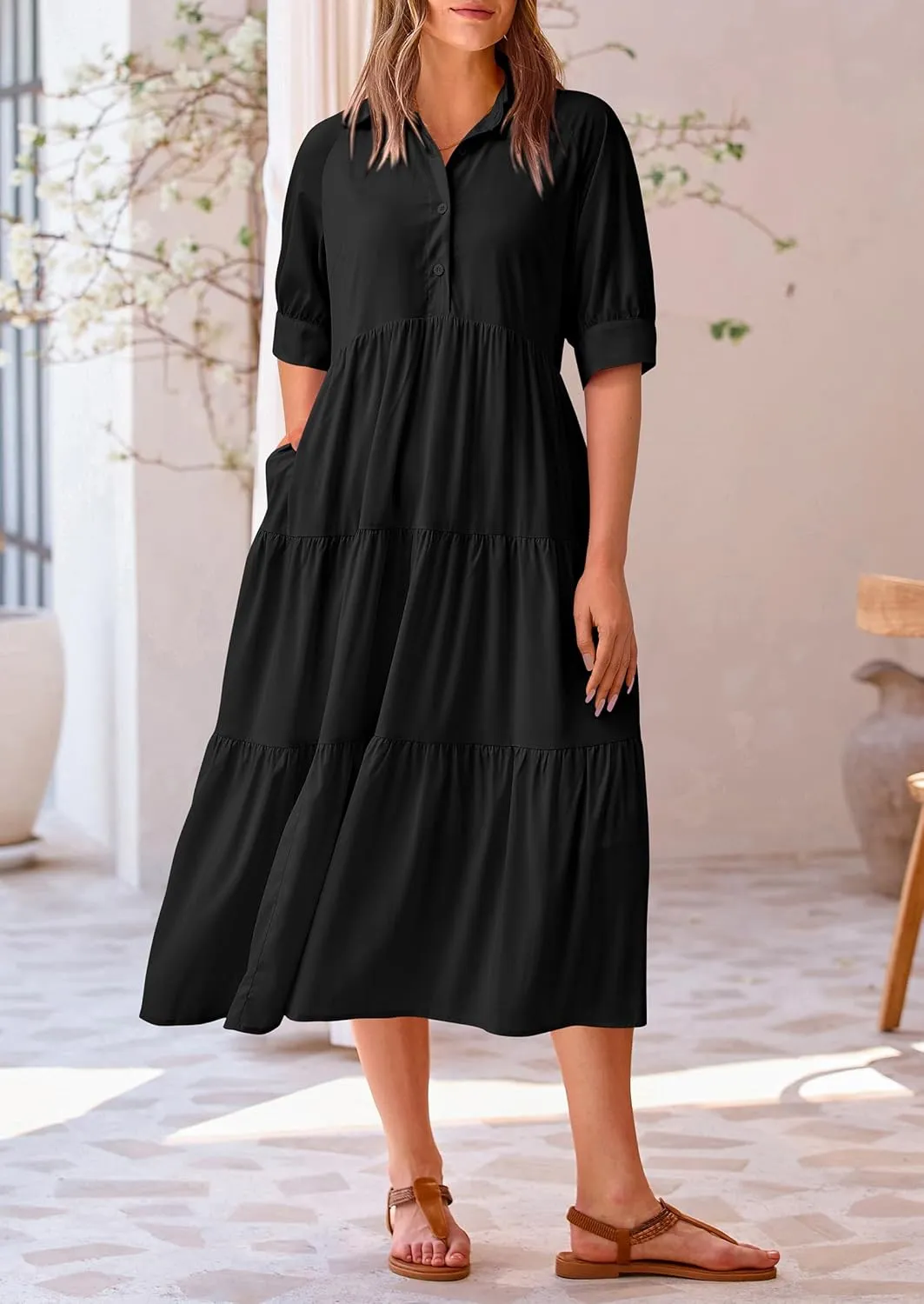 PRETTYGARDEN Women's Summer Beach Maxi Dress Short Sleeve Buttons Tiered Ruffle A Line Swing Dresses