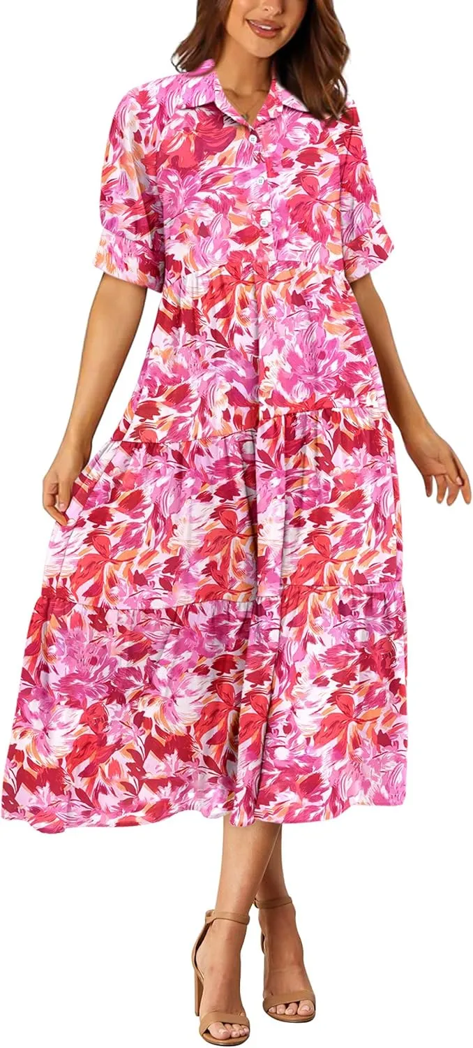 PRETTYGARDEN Women's Summer Beach Maxi Dress Short Sleeve Buttons Tiered Ruffle A Line Swing Dresses